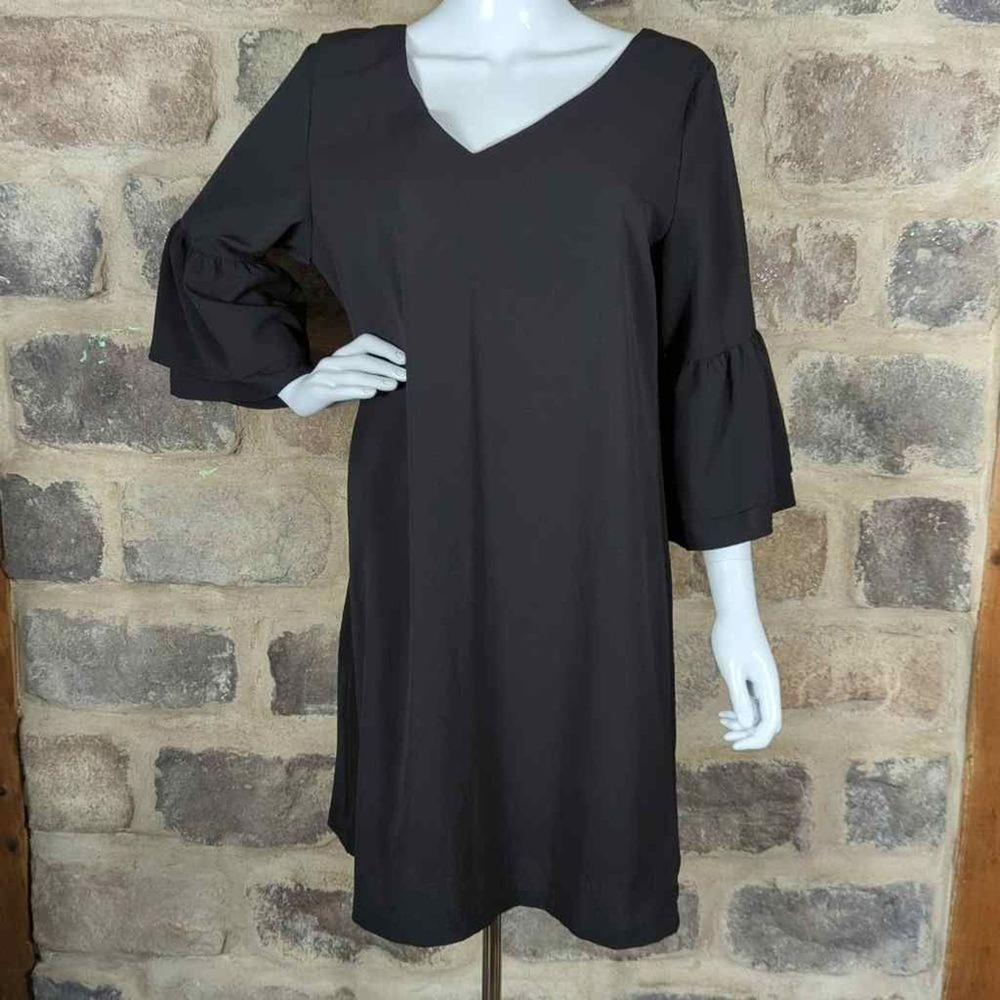 Belongsci Black Fully Lined Crepe Hidden Zip V Neck Ruffle Bell Sleeve Dress